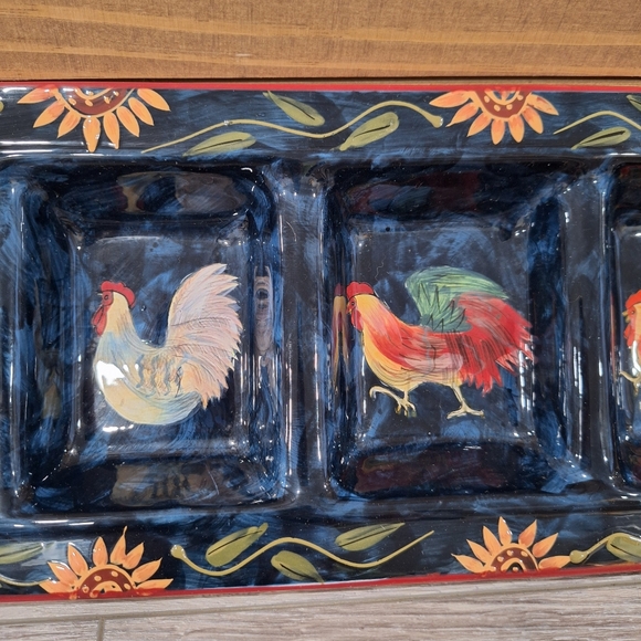 Certified International Sunrise Rooster 4-Section Serving Tray, Blue Ceramic - Picture 3 of 10